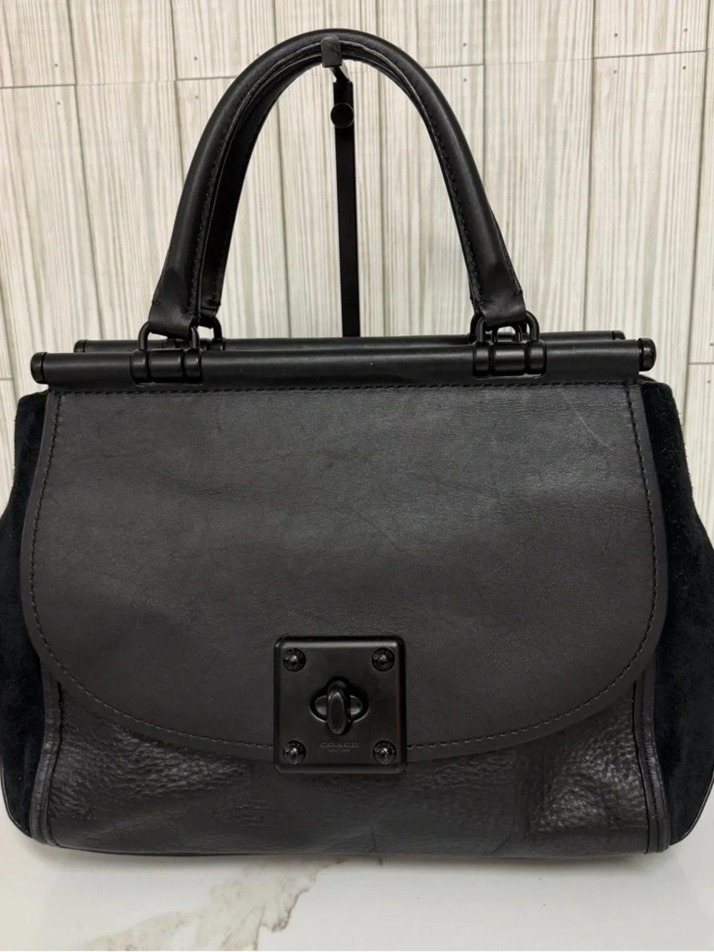 Coach Black Leather & Suede Satchel Top Handle Bag Turnlock Crossbody Purse